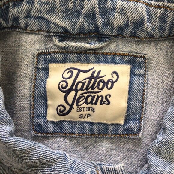 Denim jacket Tattoo distressed denim stretch light blue casual western Small - Picture 3 of 10